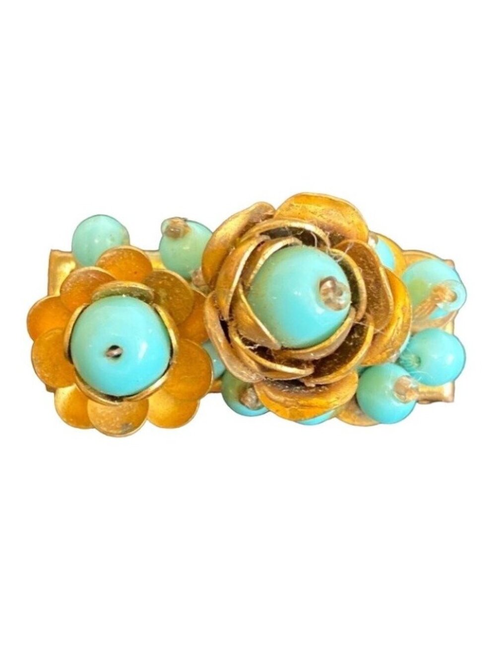 Vintage Gold & Turquoise Floral Bead Brooch Pin